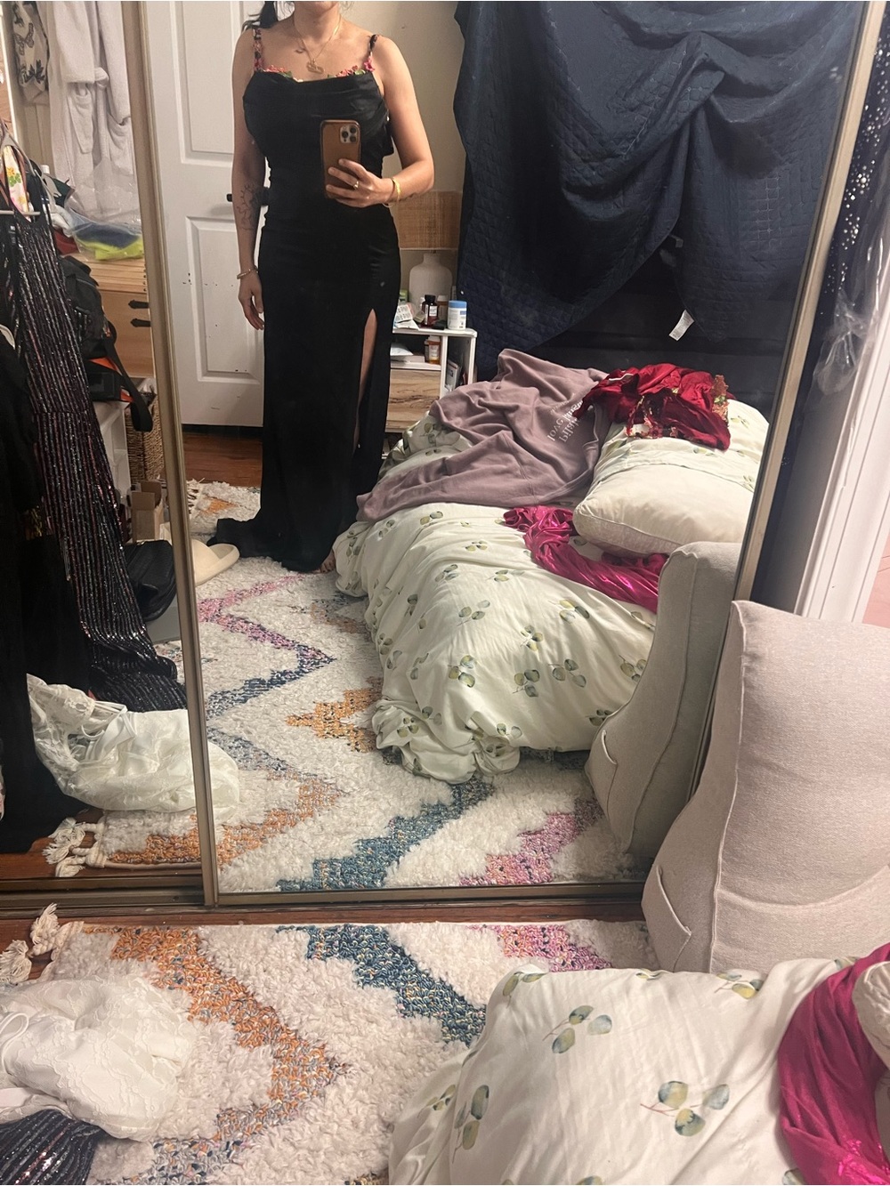 SHEIN Black Satin Maxi Slip Dress with Side Thigh Slit